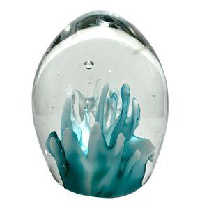 Vintage 1990s Abstract Sea Life Art Glass Paperweight Turquoise Clear Handblown